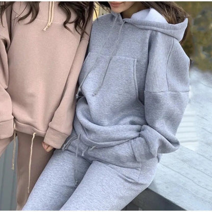 Women's Tracksuit Casual Solid Long Sleeve Hooded Sport Suits Autumn Warm Hoodie Sweatshirts and Long Pant Warm Two Piece Sets