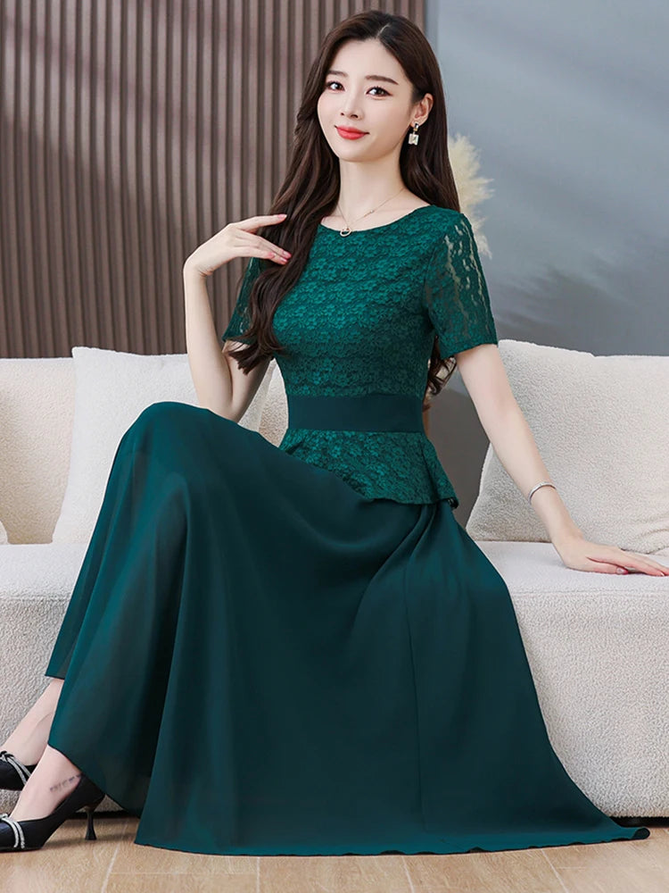 2024 Summer Lace Chiffon Green Long Women Dress Black Casual Fashion W