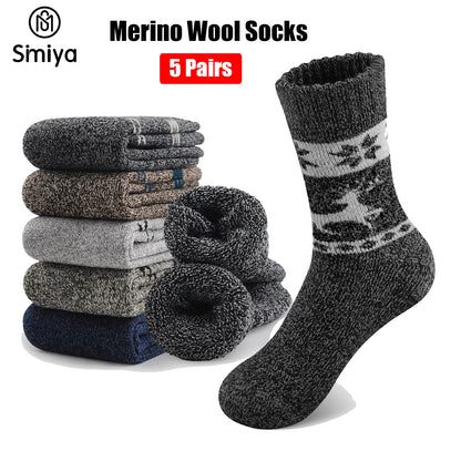 SIMIYA 5 Pairs Men's Merino Wool Socks Hiking Socks Thick Winter Wool Warm Socks Breathable Elk Crew Thermal Socks Against Cold