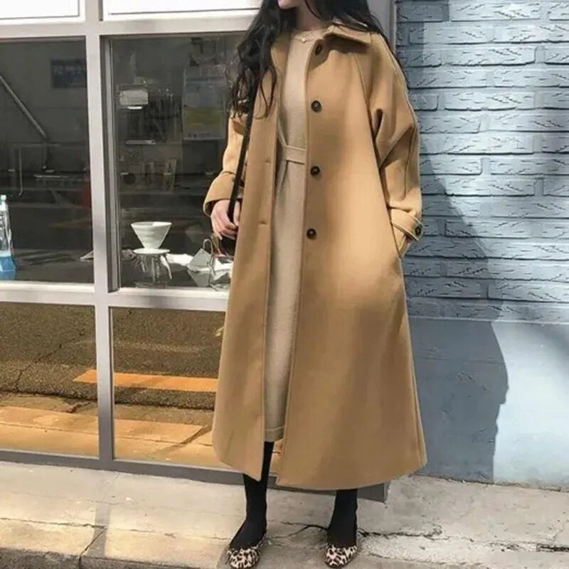 Winter Korean Women Faux Woolen Coats Fashion Elegant Solid Belt Thickening Long Jacket Female Loose All Match Blends Outwear