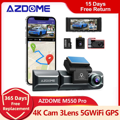 ترقية AZDOME جهاز تسجيل فيديو رقمي للسيارات M550 برو داش كام 4K 5.8Ghz واي فاي 3 كاميرات أمامية/المقصورة/كاميرا خلفية نظام تحديد المواقع للرؤية الليلية شاشة للمساعدة في ركن السيارة بسهولة