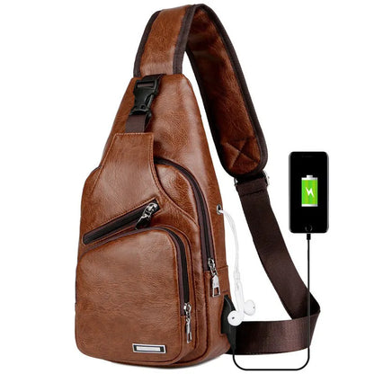 New USB Charging Chest Bag with Headset Hole Mens Multifunction Single Strap Anti Theft Chest Bag with Adjustable Shoulder Strap