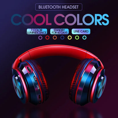 بي مارت سماعة رأس B39 مزودة بتقنية البلوتوث اللاسلكية ذات ضوء ملون قابلة للتوصيل ببطاقة لعبة الموسيقى
