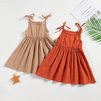 Solid Color Dress Kid Sleeveless Knee-length Pure Cotton Girl Skirt Summer One-piece Dress Beachwear Breathable 2023 New Style