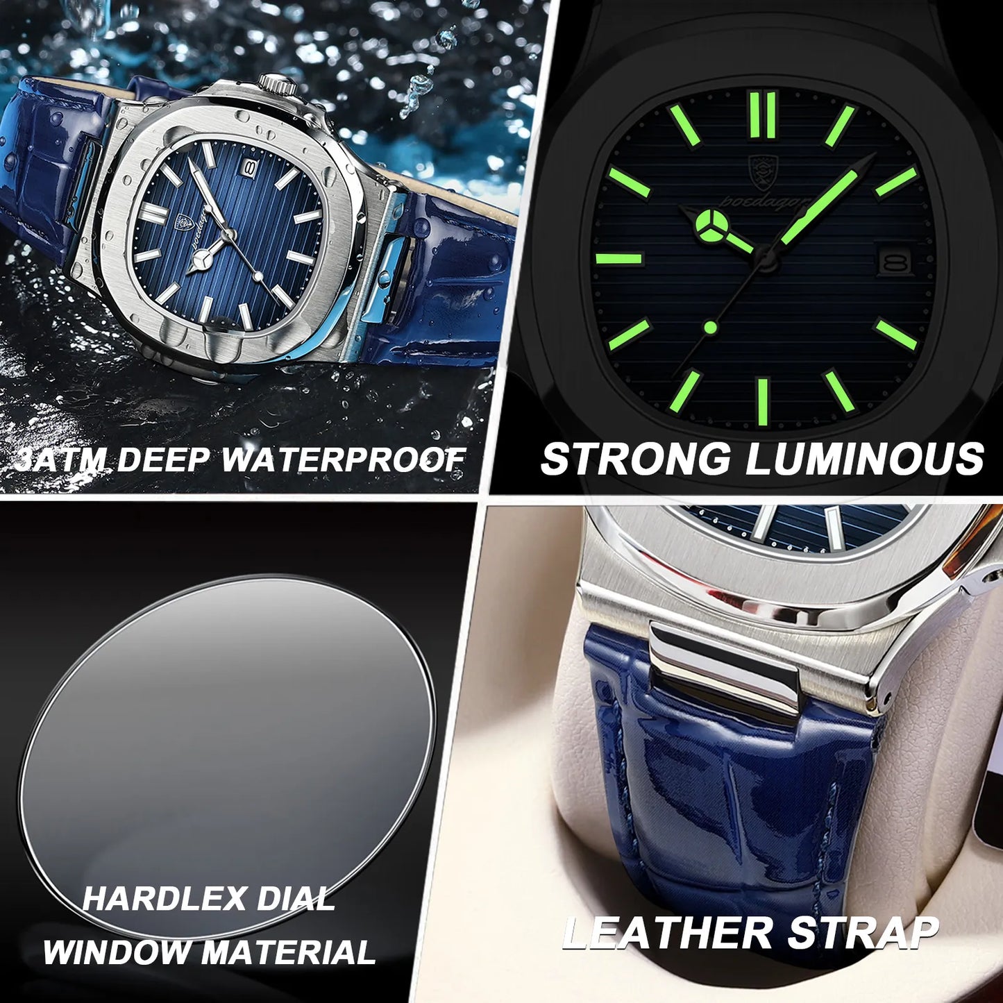 POEDAGAR Luxury Man Wristwatch Waterproof Luminous Date Leather Men's Watches Sports Square Men Watch Casual Quartz Male Clocks