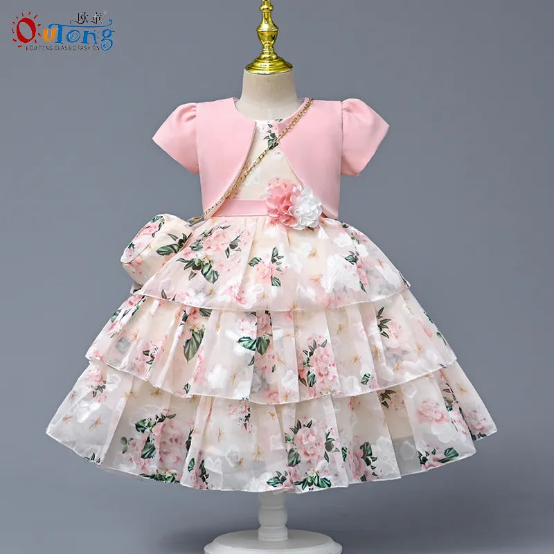 Outong 3pcs Set short sleeve coat girls dresses kids Chiffon printing layers 3-9Y mid calf dress children girls with appliques