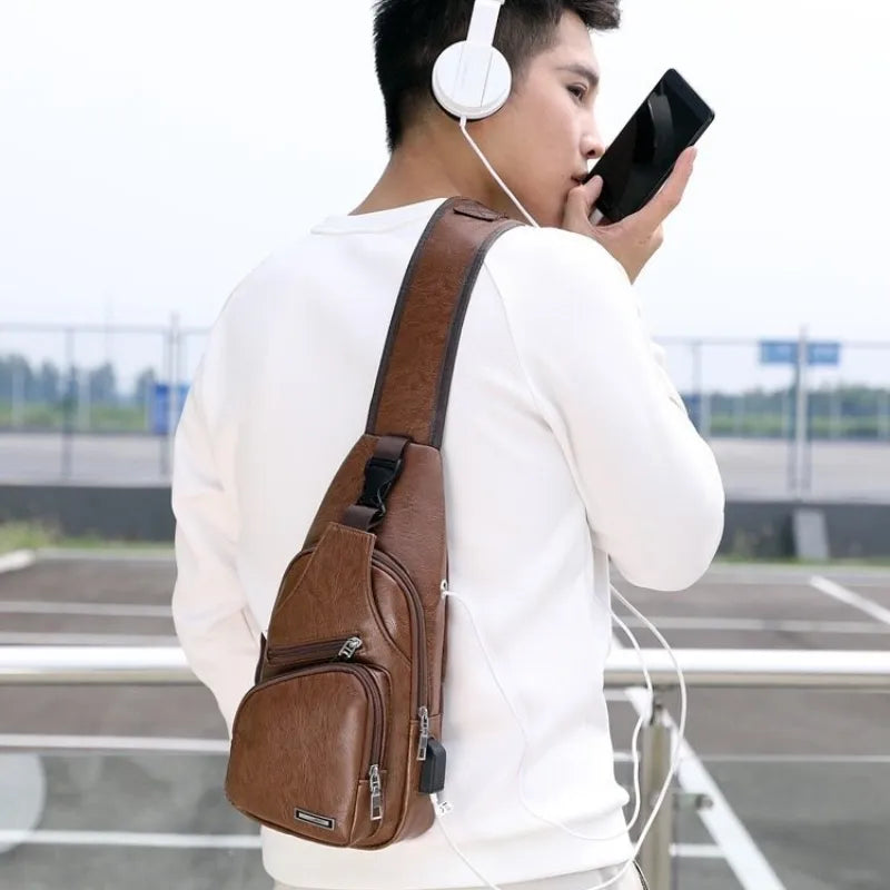 New USB Charging Chest Bag with Headset Hole Mens Multifunction Single Strap Anti Theft Chest Bag with Adjustable Shoulder Strap