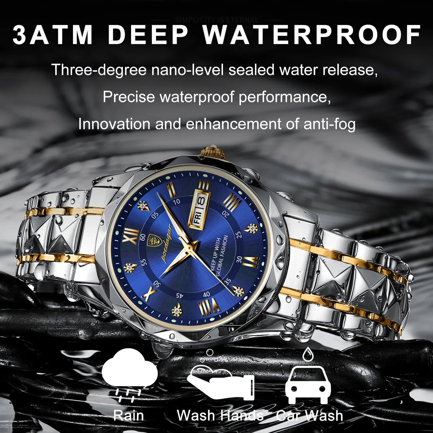 POEDAGAR Top Brand Luxury Man Wristwatch Waterproof Luminous Date Week Men Watches Stainless Steel Quartz Men's Watch Male reloj