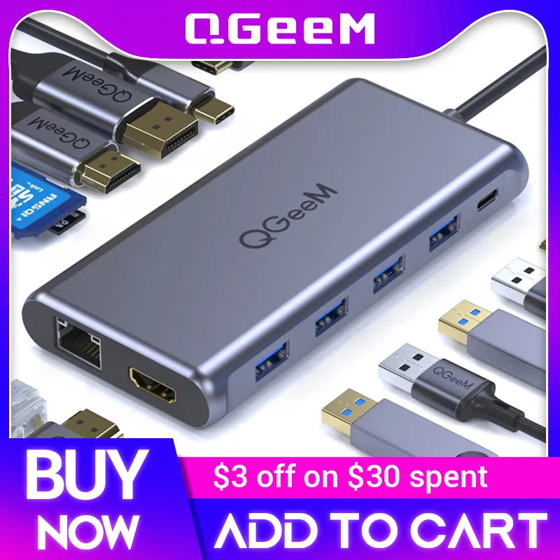 QGeeM Dual 4K DP HDMI USB C Hub لماك بوك برو بي مارت عرض ثلاثي نوع C Hub إلى قارئات بطاقات Micro SD RJ45 PD USB3.0 Hub محول
