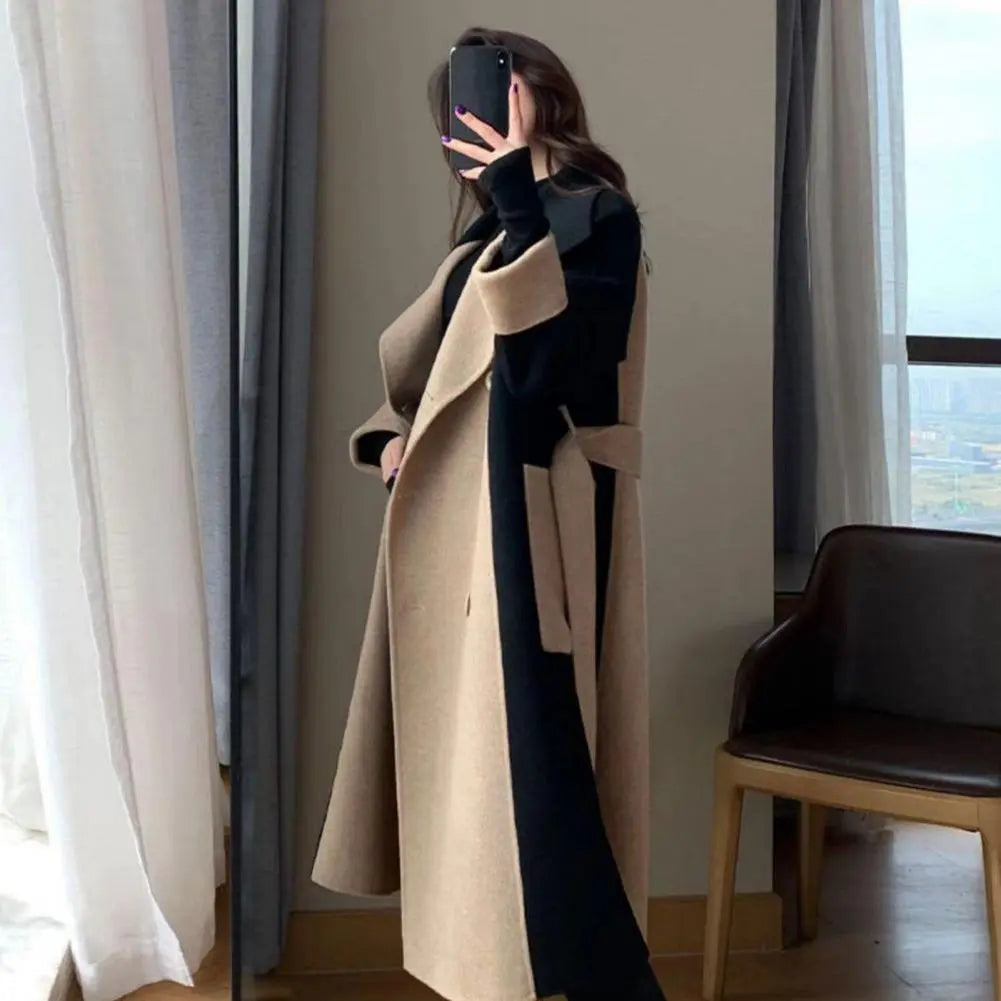 Stylish Winter Coat Turn-down Collar Thermal Elegant Lapel Contrast Color Winter Overcoat