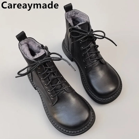 Careaymade-100% جلد طبيعي كبير الرأس إصدار واسع أحذية قصيرة غير رسمية، أحذية نسائية مصنوعة يدويًا نقية أحذية مفردة دافئة من الصوف