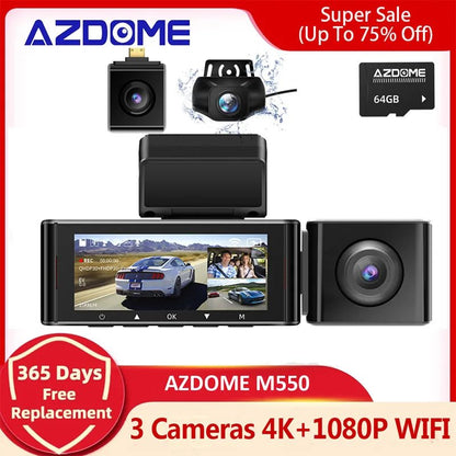 AZDOME M550-3CH Dash Cam Car DVR 4K 3 Cameras 1080 Rear Cam Recording With GPS Night Vision WIFI Parking Monitor Car - منصة بي مارت للتسوق الإلكترونيAZDOME M550-3CH Dash Cam Car DVR 4K 3 Cameras 1080 Rear Cam Recording With GPS Night Vision WIFI Parking Monitor Car