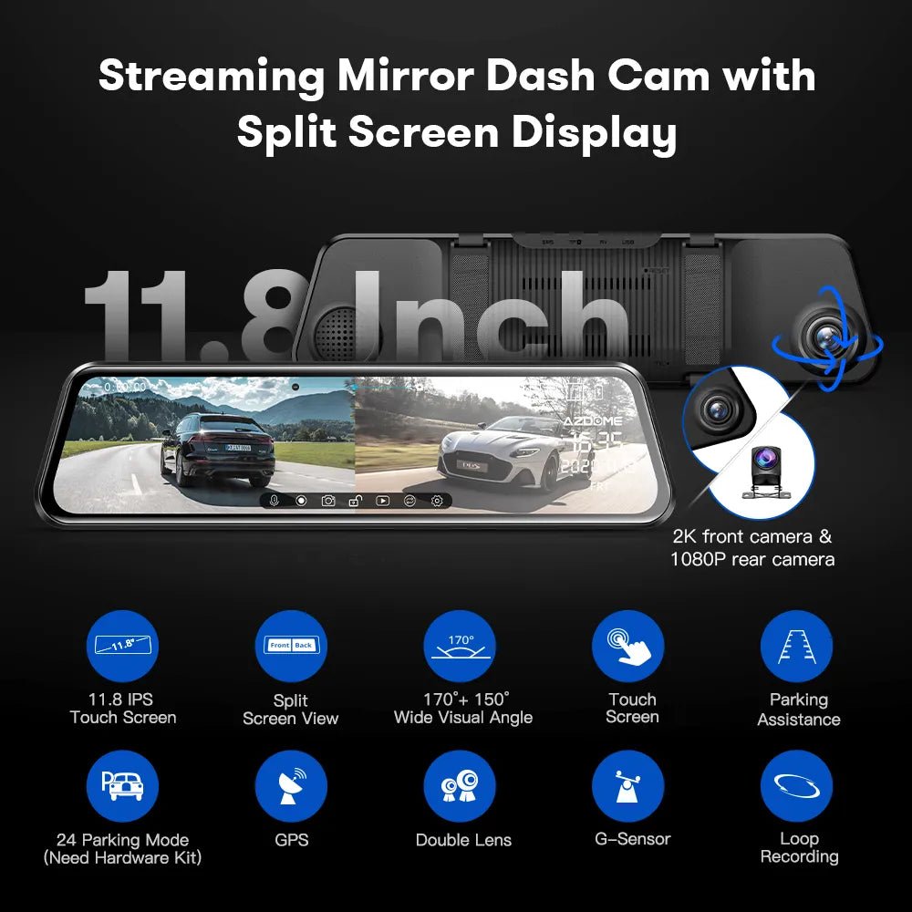 AZDOME PG17 Mirror Dash Cam Front and Rear Dual Dash Camera for Cars 11.8" Full Touch Screen 2K Night Vision Backup Camera - منصة بي مارت للتسوق الإلكترونيAZDOME PG17 Mirror Dash Cam Front and Rear Dual Dash Camera for Cars 11.8" Full Touch Screen 2K Night Vision Backup Camera