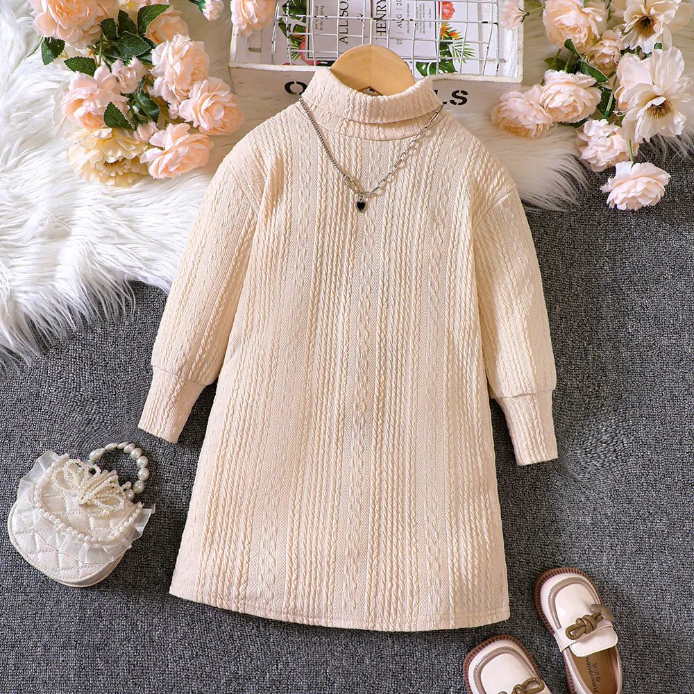 Girls' Autumn and Winter New Solid High Neck Knitted Pit Stripe Dress - منصة بي مارت للتسوق الإلكترونيGirls' Autumn and Winter New Solid High Neck Knitted Pit Stripe Dress