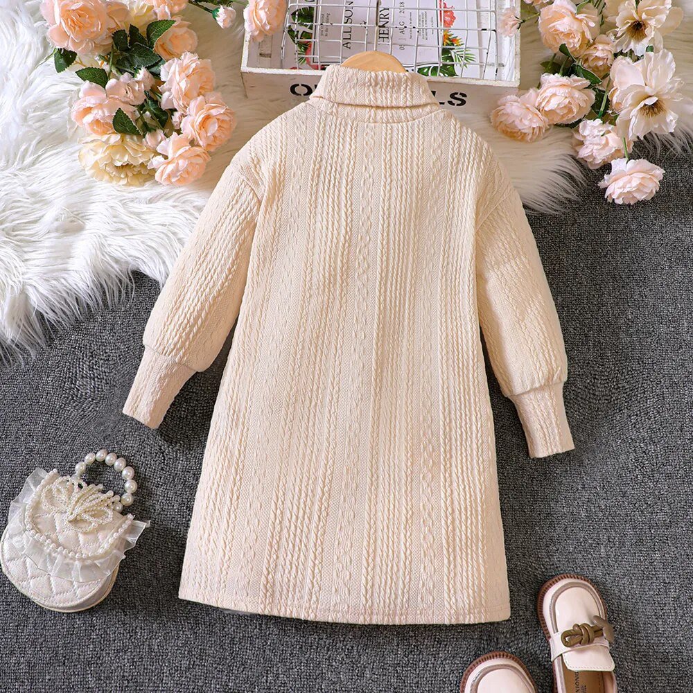 Girls' Autumn and Winter New Solid High Neck Knitted Pit Stripe Dress - منصة بي مارت للتسوق الإلكترونيGirls' Autumn and Winter New Solid High Neck Knitted Pit Stripe Dress